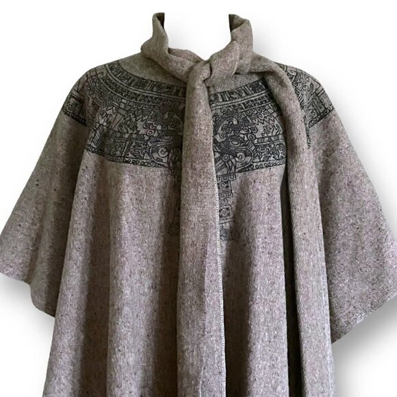 Vintage 1980s Womens Wool Blanket Cape O/S Aztec South American Art Print Boho - Picture 14 of 15